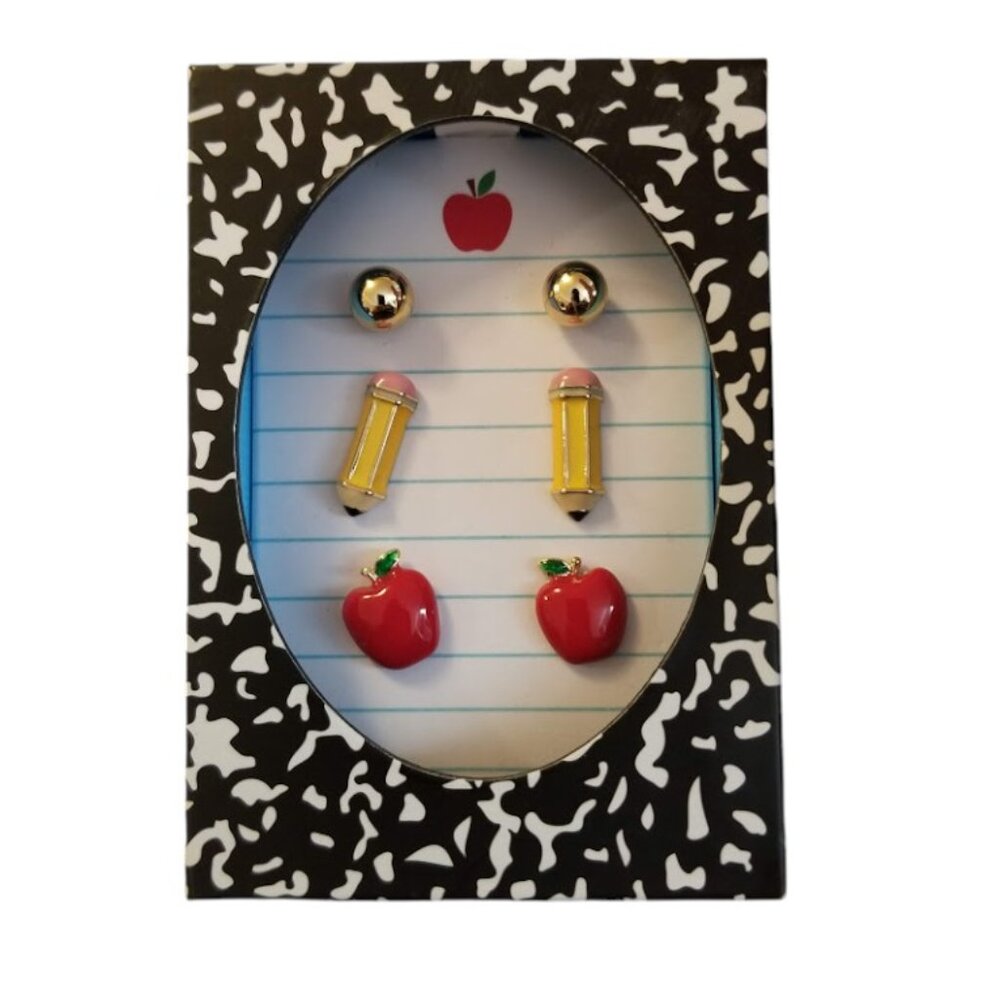 School Themed Goldtone 3-Pair Earring Set